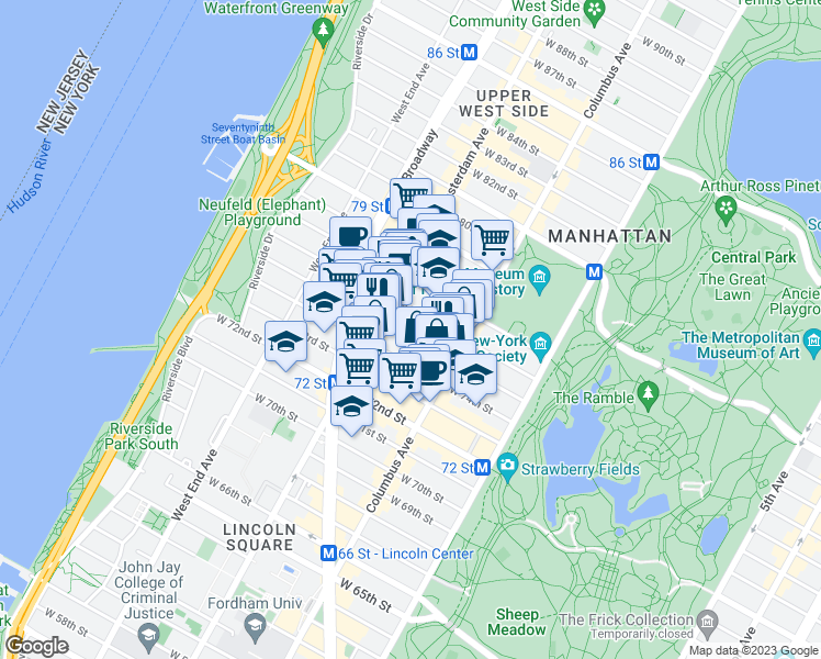 map of restaurants, bars, coffee shops, grocery stores, and more near 141 West 77th Street in New York