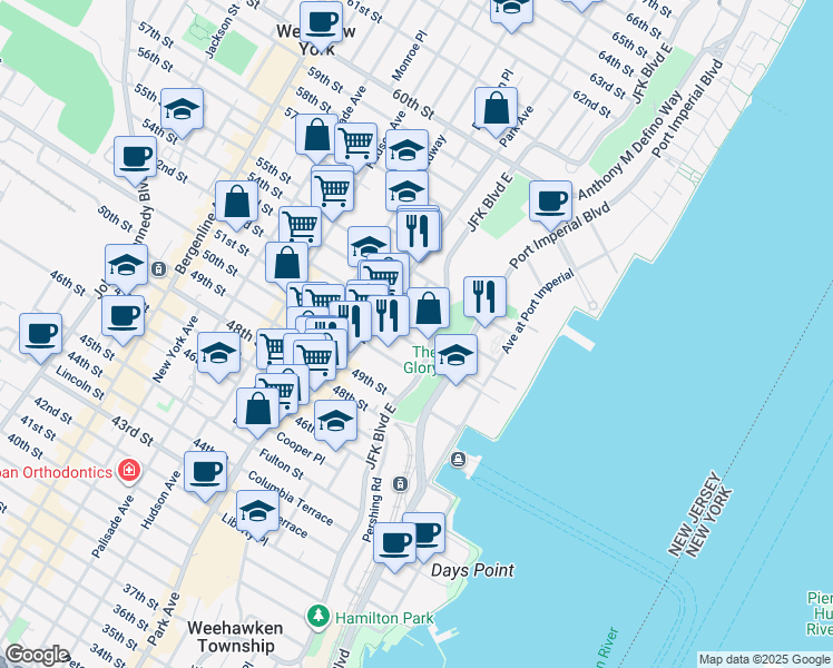 map of restaurants, bars, coffee shops, grocery stores, and more near 32 51st Street in West New York