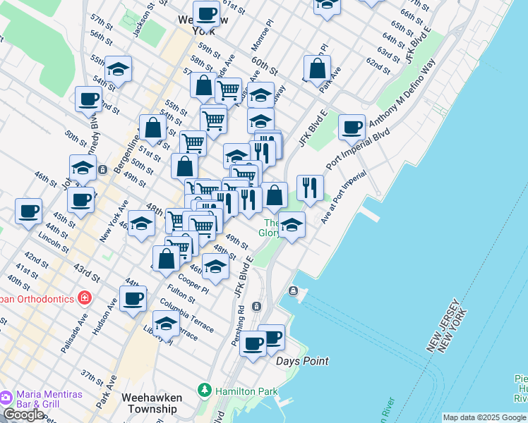 map of restaurants, bars, coffee shops, grocery stores, and more near 32 51st Street in West New York