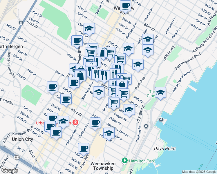 map of restaurants, bars, coffee shops, grocery stores, and more near 218 48th Street in Union City