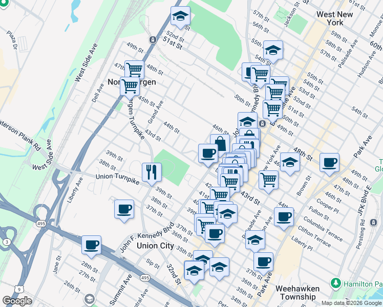 map of restaurants, bars, coffee shops, grocery stores, and more near 1215 43rd Street in North Bergen