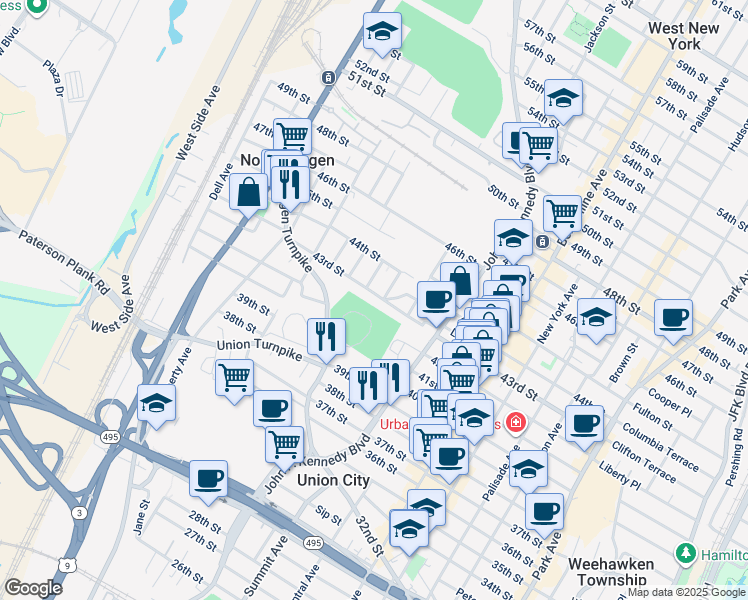 map of restaurants, bars, coffee shops, grocery stores, and more near 1311 43rd Street in North Bergen
