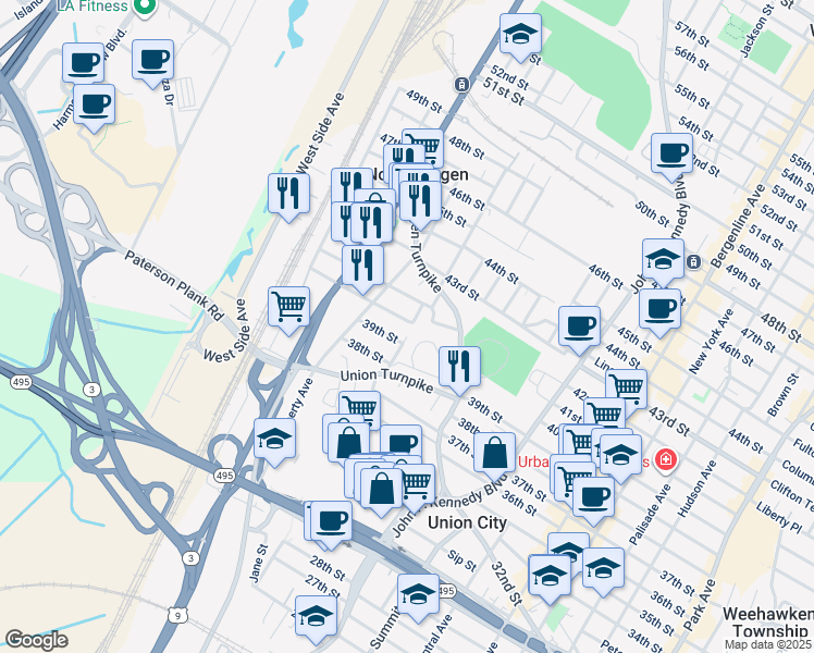map of restaurants, bars, coffee shops, grocery stores, and more near 1517 40th Street in North Bergen
