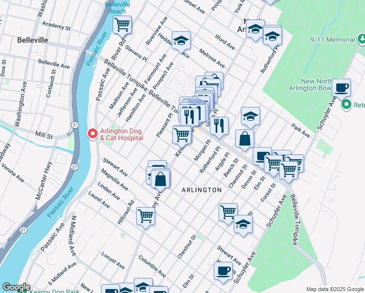 map of restaurants, bars, coffee shops, grocery stores, and more near 822 Kearny Avenue in Kearny
