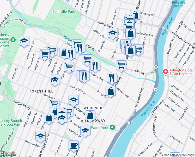 map of restaurants, bars, coffee shops, grocery stores, and more near 135 Verona Avenue in Newark