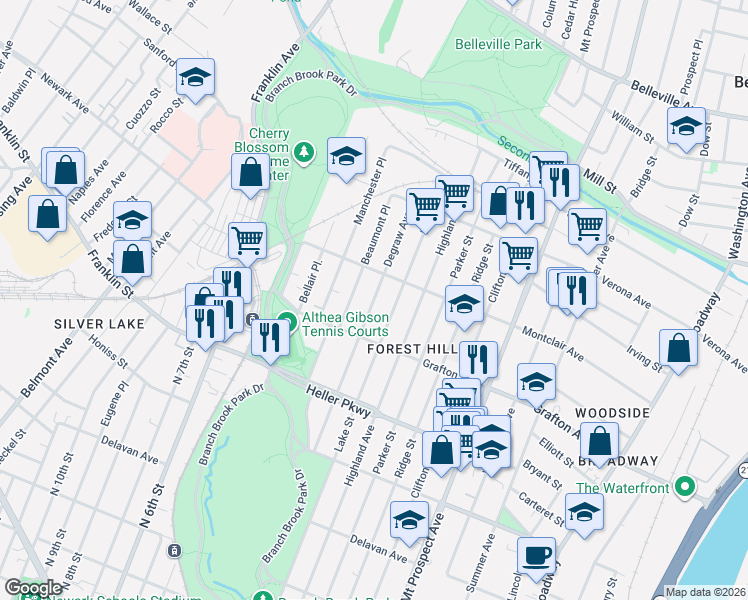 map of restaurants, bars, coffee shops, grocery stores, and more near 848-852 Lake Street in Newark