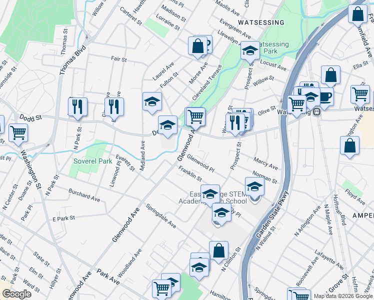 map of restaurants, bars, coffee shops, grocery stores, and more near 388 Glenwood Avenue in East Orange