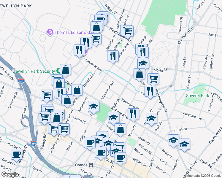 map of restaurants, bars, coffee shops, grocery stores, and more near 213 Mount Vernon Avenue in City of Orange
