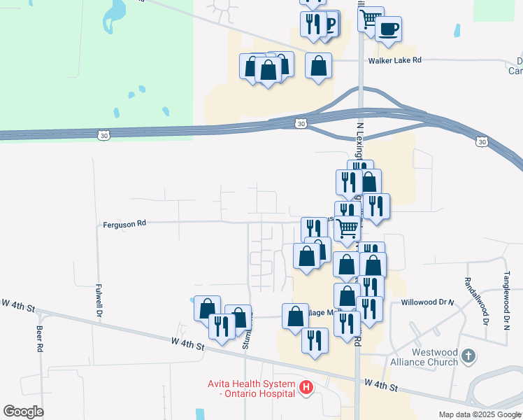 map of restaurants, bars, coffee shops, grocery stores, and more near 2270 Ferguson Road in Ontario