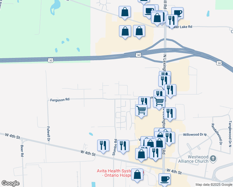map of restaurants, bars, coffee shops, grocery stores, and more near 2338 Ferguson Rd in Ontario