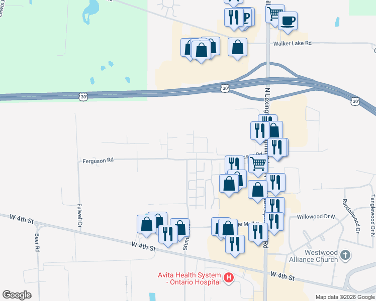 map of restaurants, bars, coffee shops, grocery stores, and more near 2338 Ferguson Rd in Ontario
