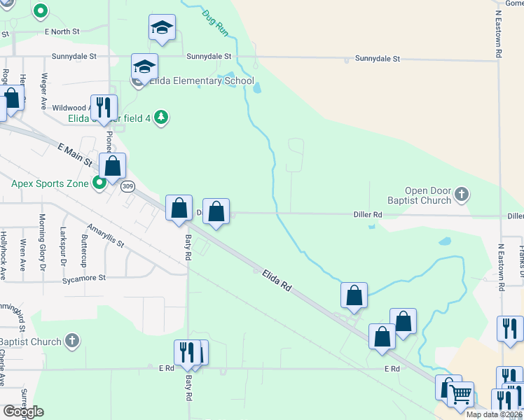 map of restaurants, bars, coffee shops, grocery stores, and more near 4150-4256 Diller Rd in Lima