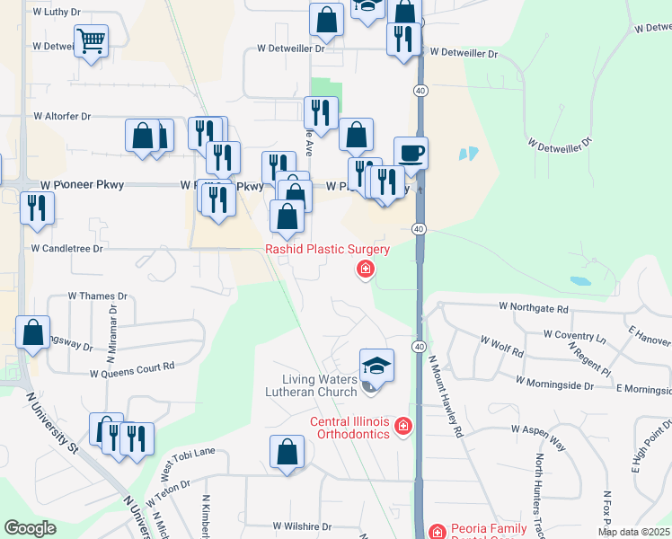 map of restaurants, bars, coffee shops, grocery stores, and more near 7635 Walnut Bend Drive in Peoria