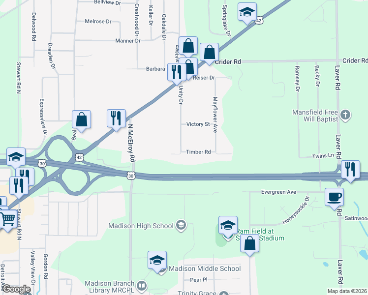 map of restaurants, bars, coffee shops, grocery stores, and more near 812 Unity Drive in Mansfield