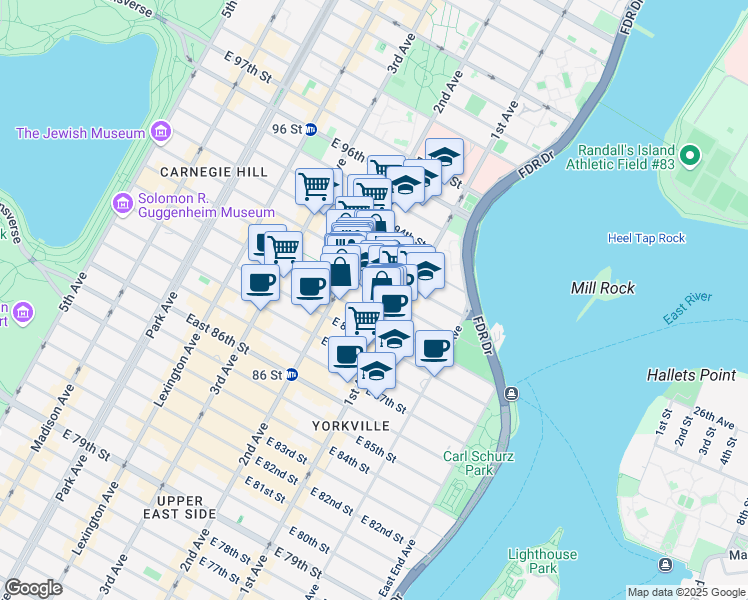 map of restaurants, bars, coffee shops, grocery stores, and more near 326 East 91st Street in New York