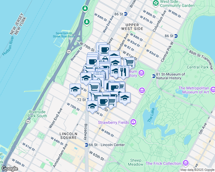 map of restaurants, bars, coffee shops, grocery stores, and more near 145 West 75th Street in New York