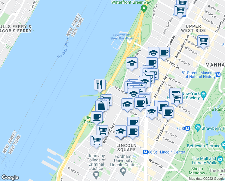 map of restaurants, bars, coffee shops, grocery stores, and more near 220 Riverside Boulevard in New York
