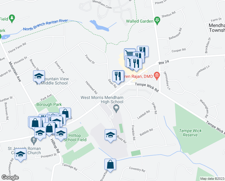 map of restaurants, bars, coffee shops, grocery stores, and more near 64 East Main Street in Mendham