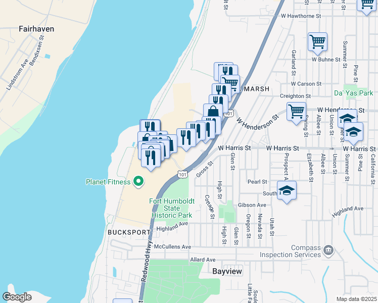 map of restaurants, bars, coffee shops, grocery stores, and more near in Eureka