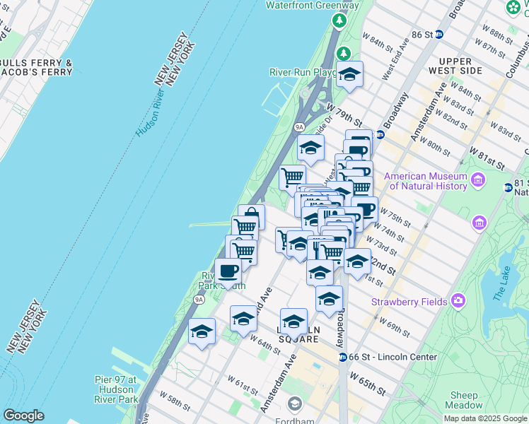 map of restaurants, bars, coffee shops, grocery stores, and more near 240 Riverside Boulevard in New York