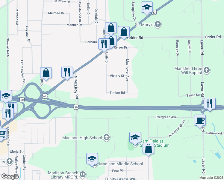 map of restaurants, bars, coffee shops, grocery stores, and more near 812 Unity Drive in Mansfield