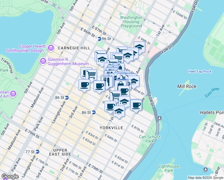 map of restaurants, bars, coffee shops, grocery stores, and more near 309 East 90th Street in New York