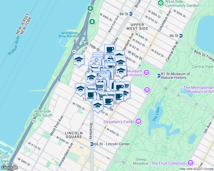 map of restaurants, bars, coffee shops, grocery stores, and more near 166 West 75th Street in New York
