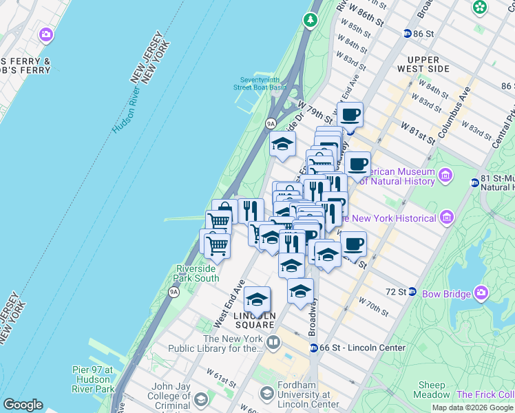 map of restaurants, bars, coffee shops, grocery stores, and more near Riverside Dr & W 72nd St in New York