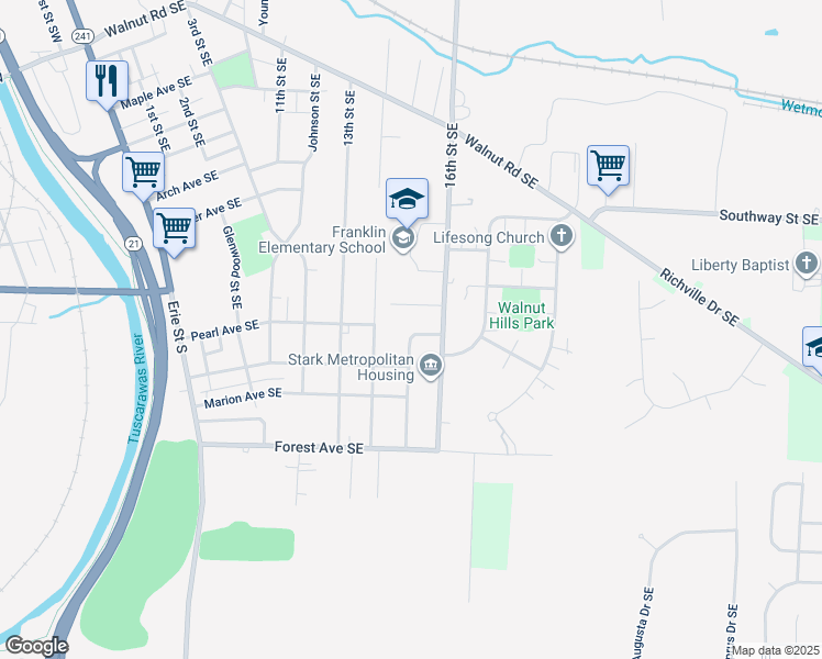 map of restaurants, bars, coffee shops, grocery stores, and more near 1550 Ballinger Avenue Southeast in Massillon