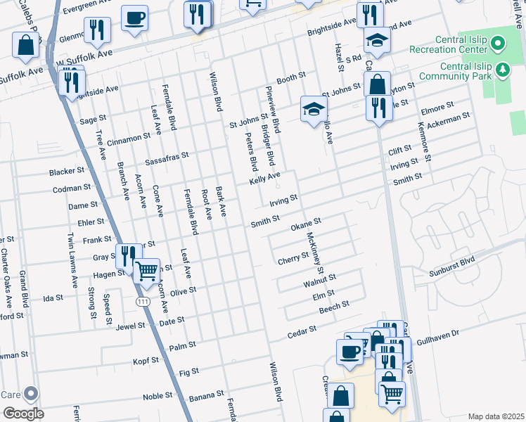 map of restaurants, bars, coffee shops, grocery stores, and more near 26 Irving Street in Central Islip