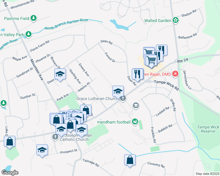 map of restaurants, bars, coffee shops, grocery stores, and more near 4 Halstead Road in Mendham