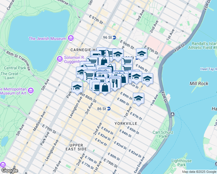 map of restaurants, bars, coffee shops, grocery stores, and more near 220 East 89th Street in New York