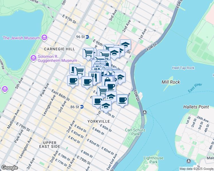 map of restaurants, bars, coffee shops, grocery stores, and more near 316 East 91st Street in New York