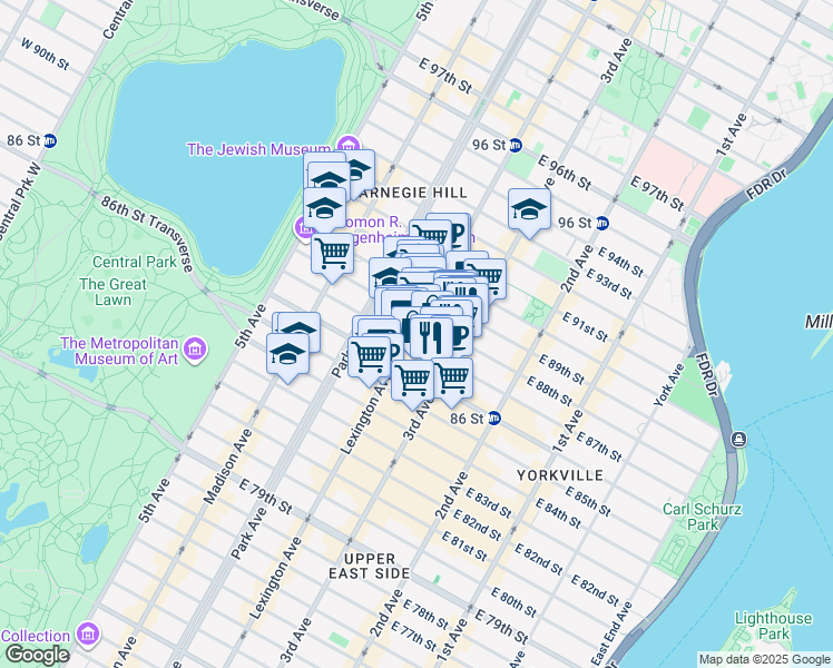 map of restaurants, bars, coffee shops, grocery stores, and more near 1297 Lexington Avenue in New York