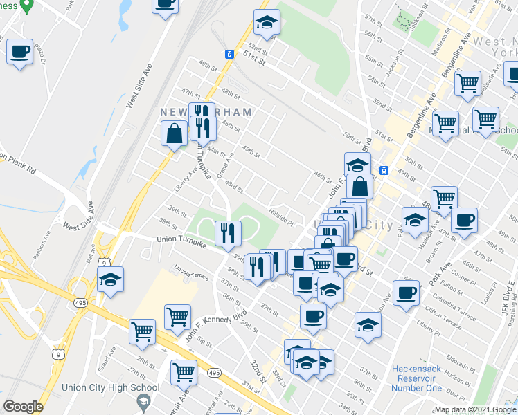 map of restaurants, bars, coffee shops, grocery stores, and more near 1311 43rd Street in North Bergen