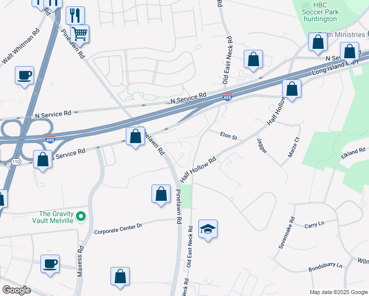 map of restaurants, bars, coffee shops, grocery stores, and more near 70 Pinelawn Road in Melville