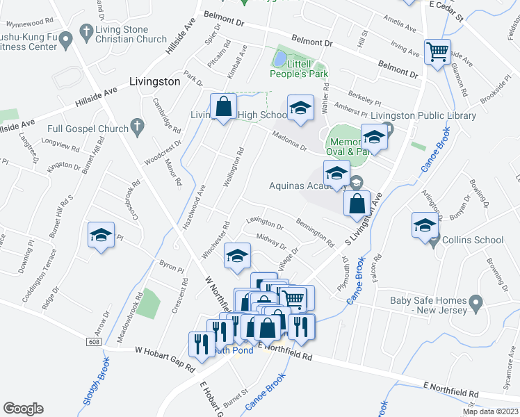 map of restaurants, bars, coffee shops, grocery stores, and more near 2 Salem Place in Livingston
