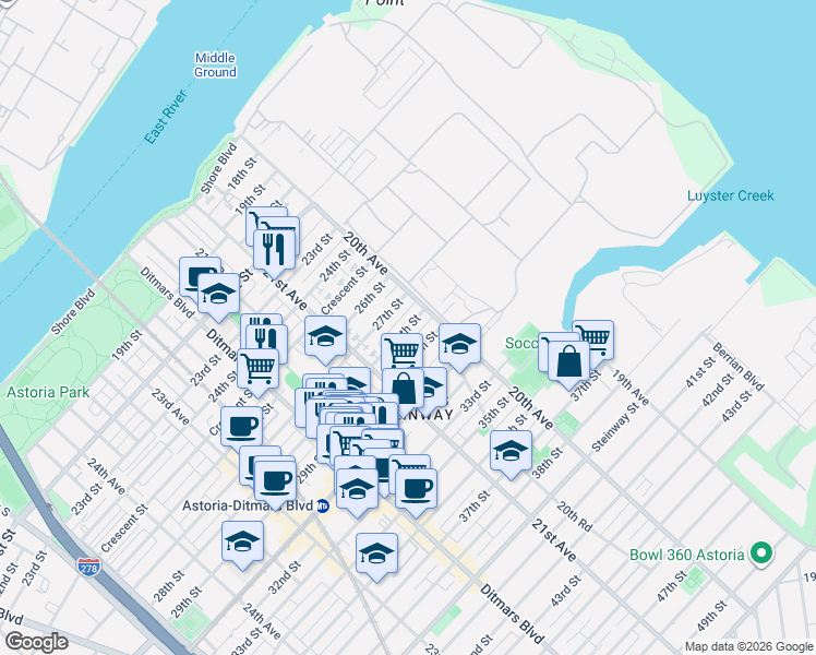 map of restaurants, bars, coffee shops, grocery stores, and more near in Queens