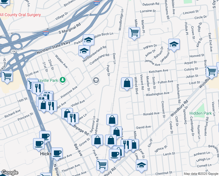 map of restaurants, bars, coffee shops, grocery stores, and more near 27 Clinton Lane in Hicksville