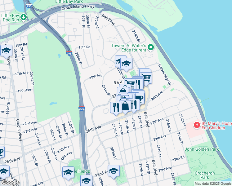 map of restaurants, bars, coffee shops, grocery stores, and more near 65 211th Street in Queens