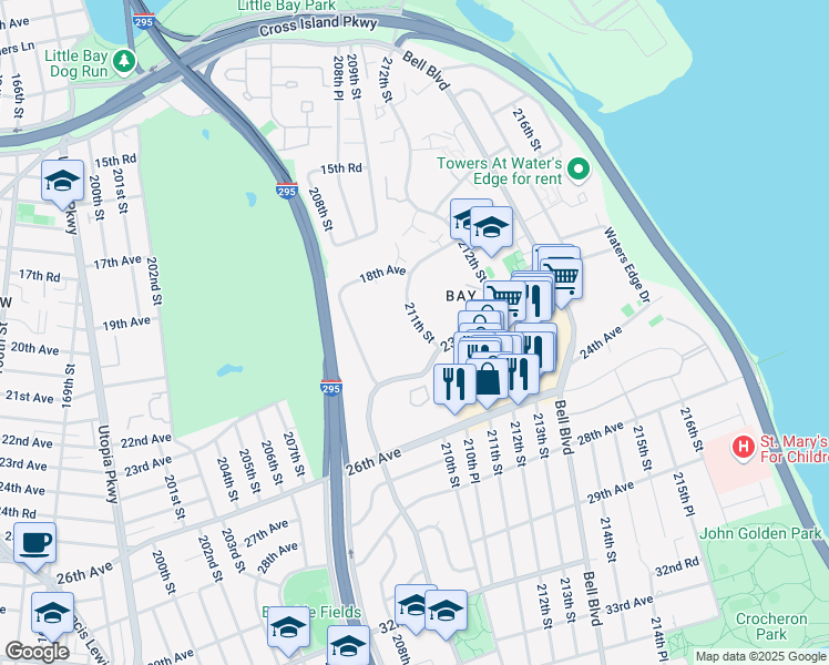 map of restaurants, bars, coffee shops, grocery stores, and more near 18-70 211th Street in Queens