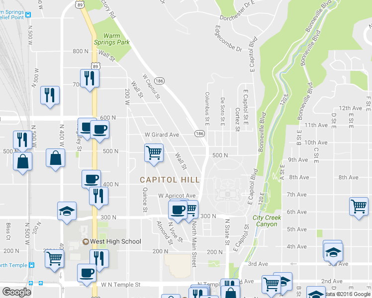map of restaurants, bars, coffee shops, grocery stores, and more near 517 West Capitol Street in Salt Lake City
