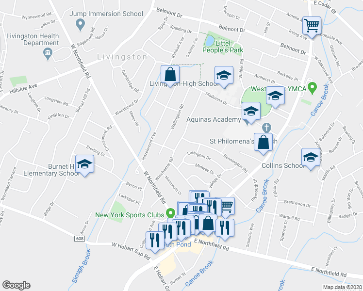 map of restaurants, bars, coffee shops, grocery stores, and more near 40 Winchester Road in Livingston