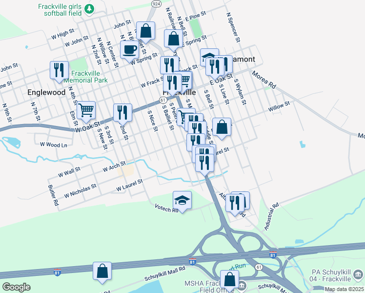 map of restaurants, bars, coffee shops, grocery stores, and more near 305 South Balliet Street in Frackville
