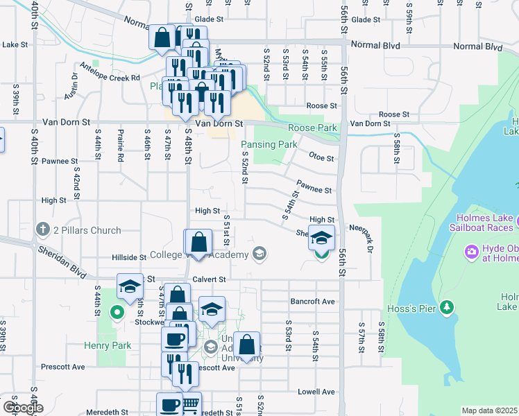 map of restaurants, bars, coffee shops, grocery stores, and more near 5221 High Street in Lincoln