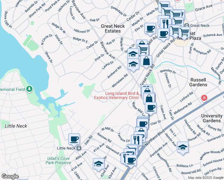 map of restaurants, bars, coffee shops, grocery stores, and more near 17 Mirrielees Road in Great Neck
