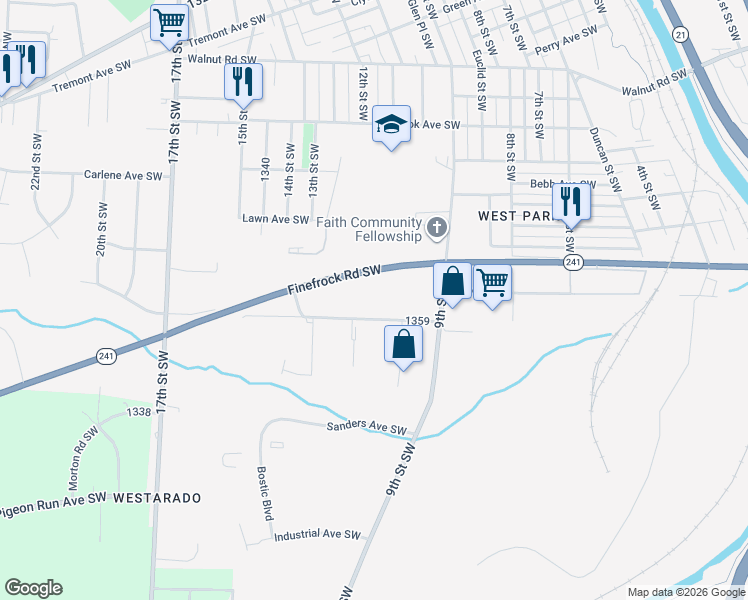 map of restaurants, bars, coffee shops, grocery stores, and more near 7 Oberlin Avenue Southwest in Massillon