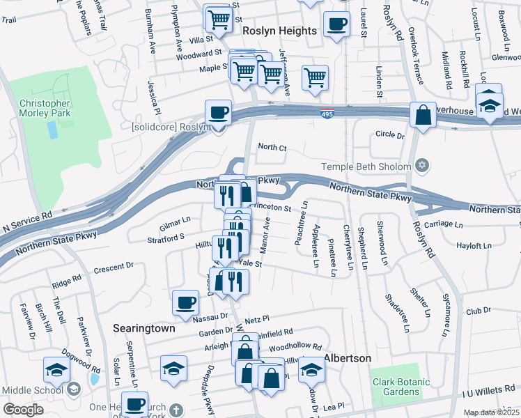 map of restaurants, bars, coffee shops, grocery stores, and more near 30 Princeton Street in Roslyn Heights