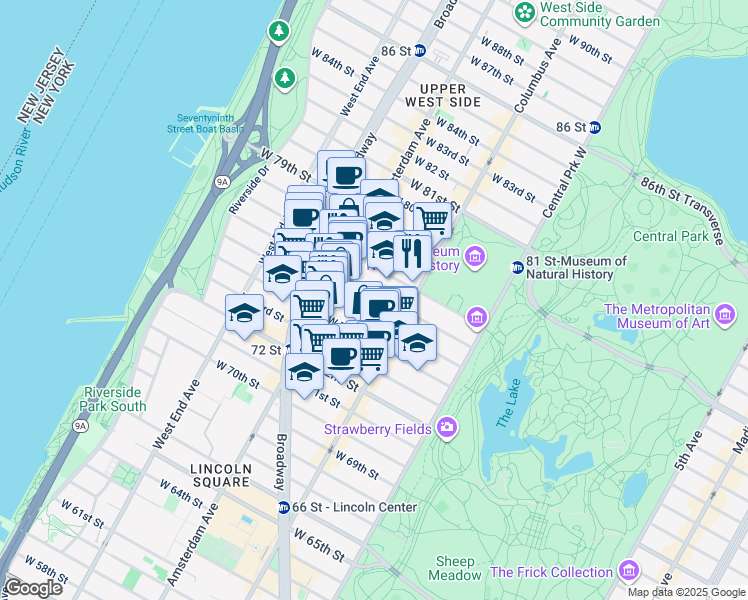 map of restaurants, bars, coffee shops, grocery stores, and more near 140 West 76th Street in New York