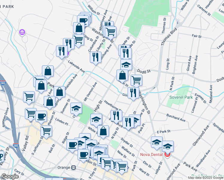 map of restaurants, bars, coffee shops, grocery stores, and more near 391 Lakeside Avenue in City of Orange